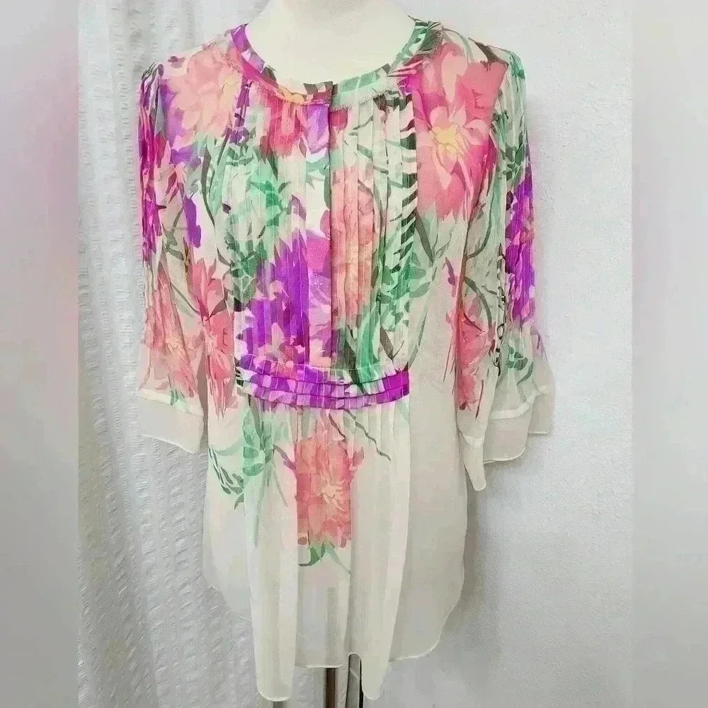Elie Tahari Floral Sheer Blouse - Pink, Purple, Green
